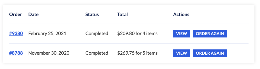 screenshot of a customers previous orders with the option (button) to make the same order again